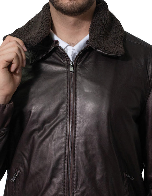 Chamarra Perry Ellis para Caballero en Piel Café Oscuro con Cuello de Borrego.